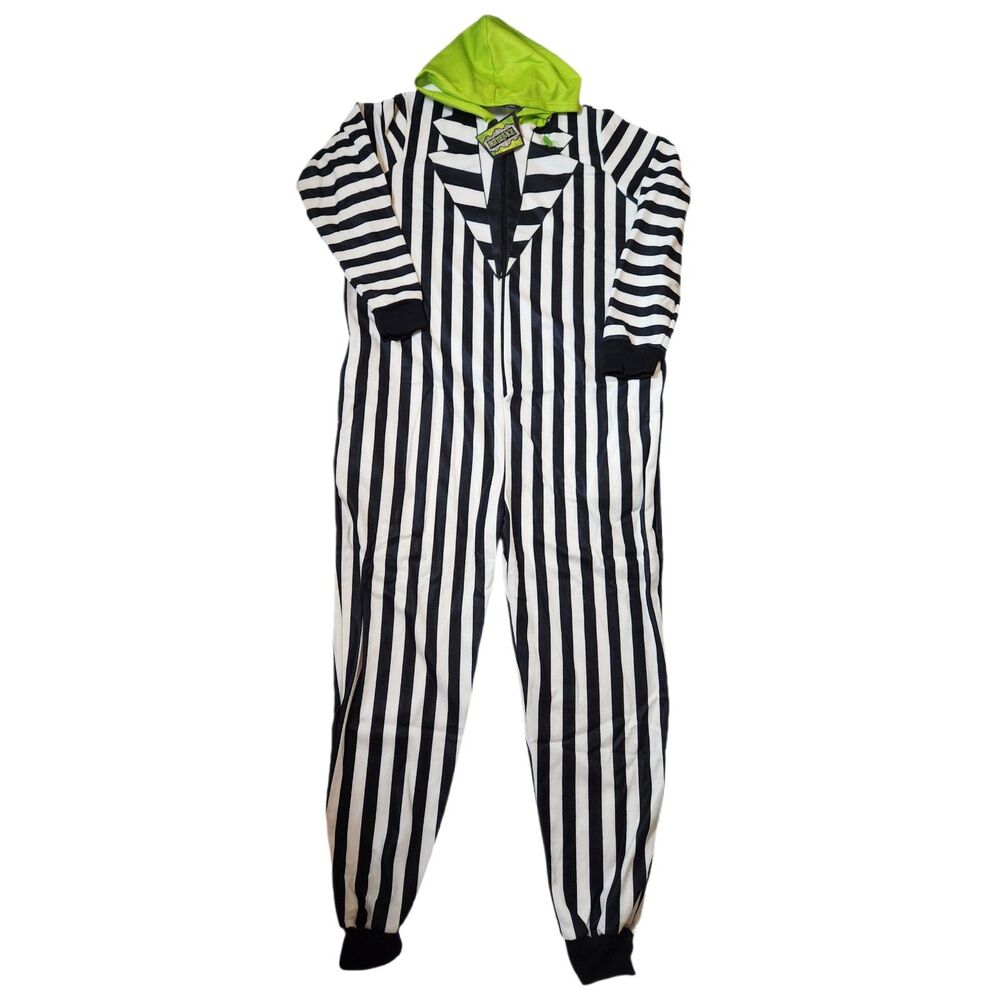 Beetlejuice Men’s Large Coral Fleece Onesie Pajama Costume – Hooded Zip Front